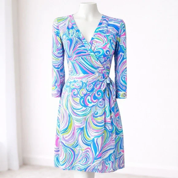 Lilly Pulitzer Mini Wrap Dress Blue Pink Green Print Jersey Tie Waist Size S - Picture 1 of 9